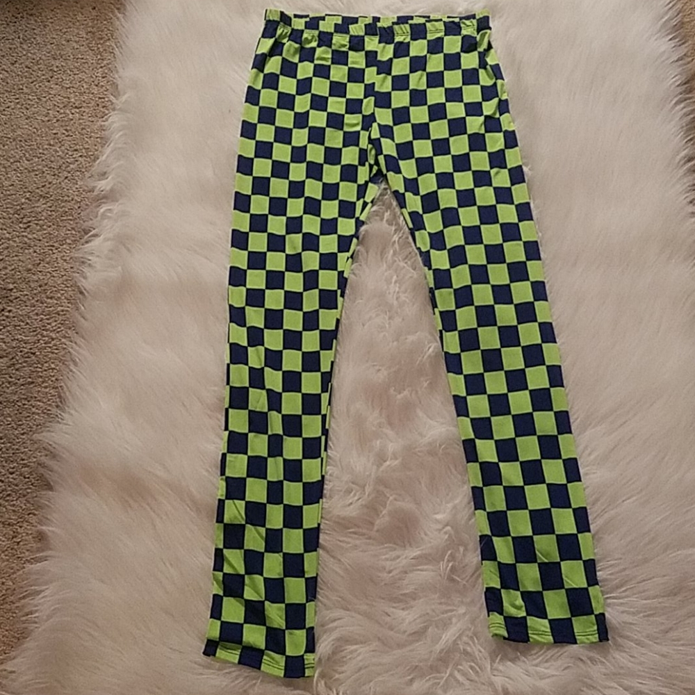 LIME GREEN AND NAVY CHECKERED LEGGINGS